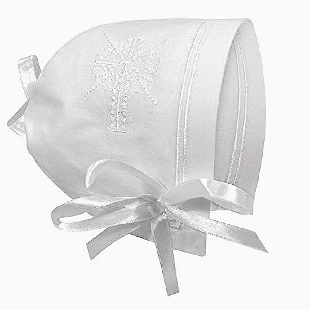 Stephan Baby Christening Bonnet Embroidered Cross & Satin Bows Straight Hem